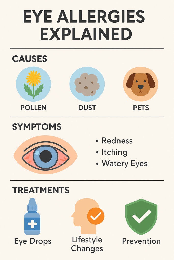 Infographic showing causes (pollen, dust, pets), symptoms (redness, itching, watery eyes), and treatments (eye drops, lifestyle changes, prevention).