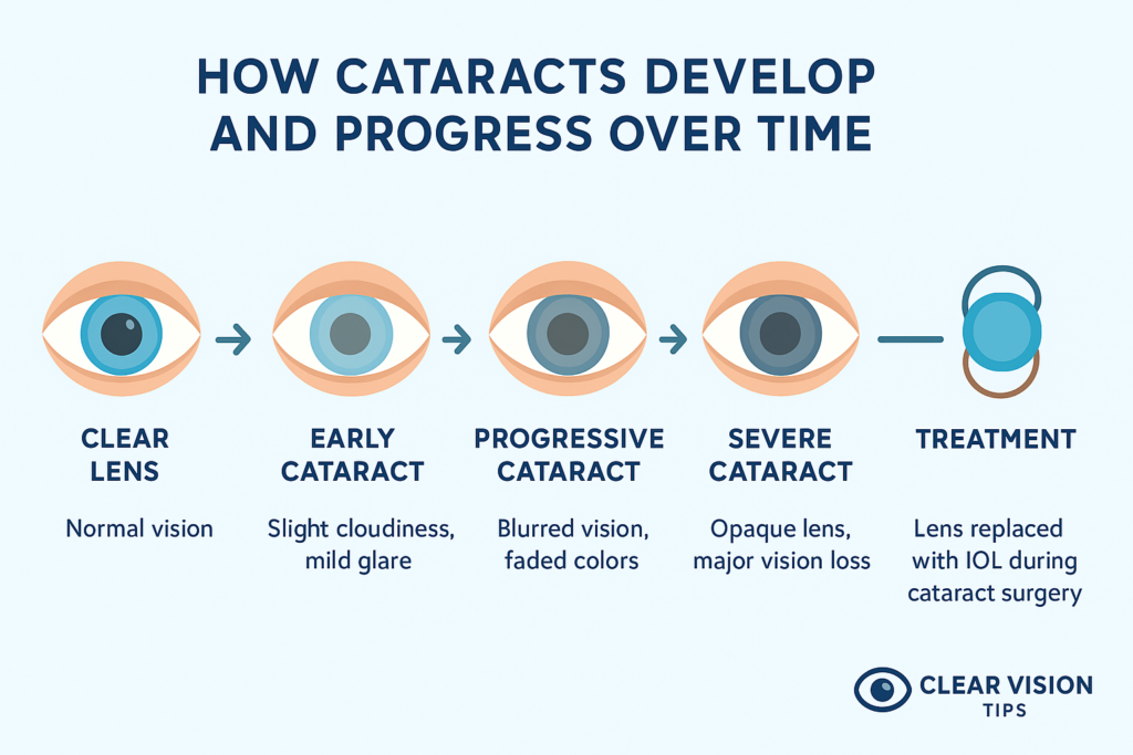 Infographic showing the stages of cataract development from a clear lens to severe clouding and vision loss, ending with surgical treatment using an intraocular lens