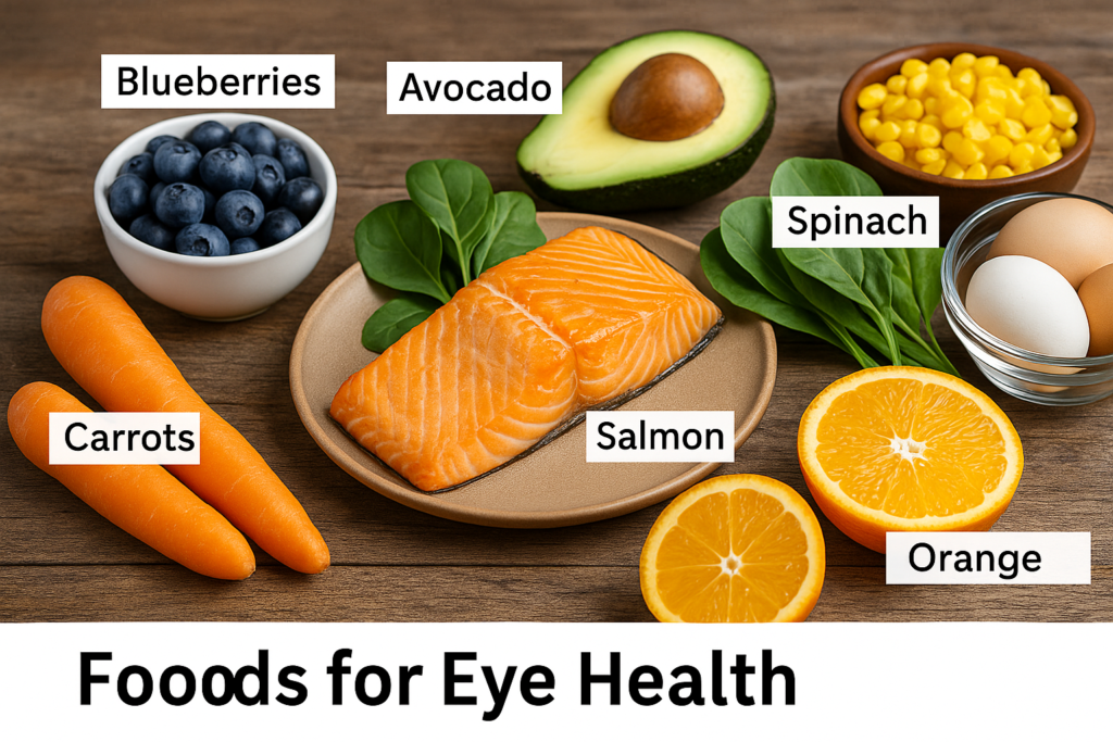 Photorealistic image of foods that support eye health including salmon, spinach, carrots, blueberries, avocado, corn, eggs, and orange arranged on a wooden table