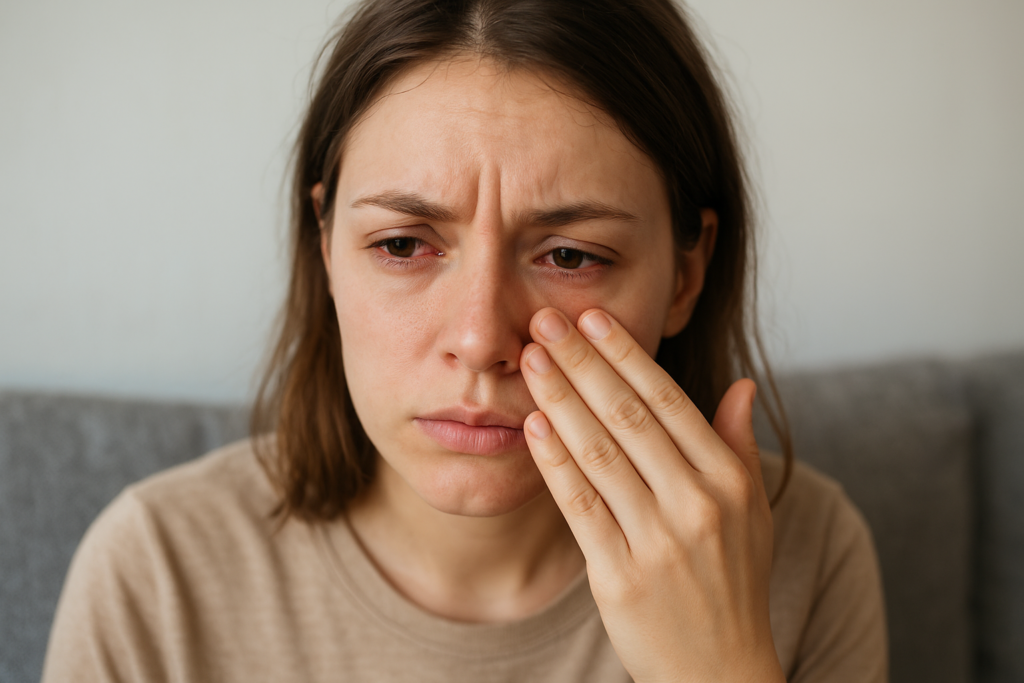 Young Caucasian woman with red, irritated eye caused by conjunctivitis (pink eye), looking uncomfortable indoors.