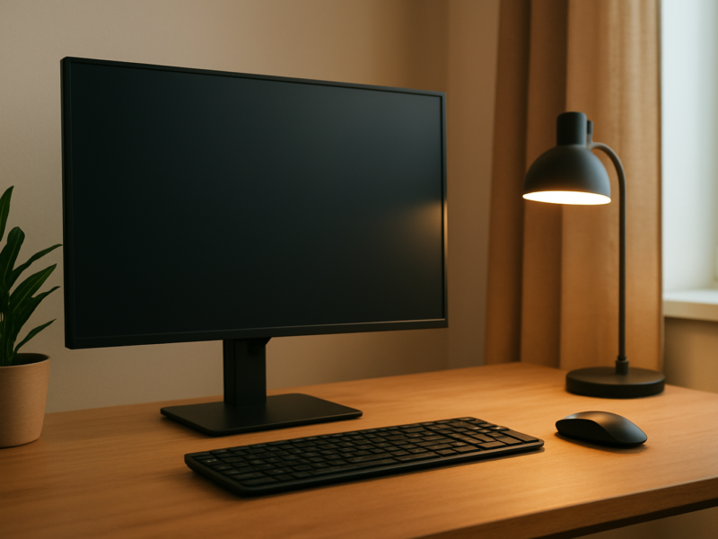 Ergonomic workspace setup with monitor at eye level and soft ambient lighting to reduce digital eye strain.