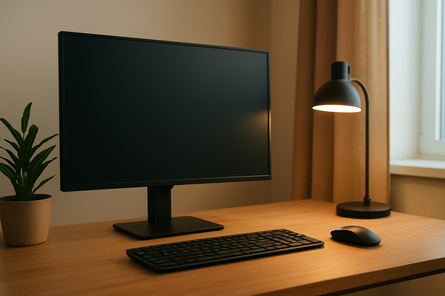 Ergonomic workspace setup with monitor at eye level and soft ambient lighting to reduce digital eye strain.