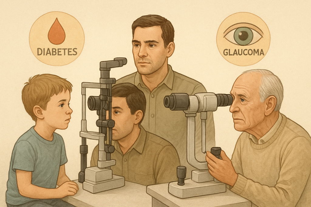Illustration of three different age groups (child, adult, senior) undergoing eye exams, emphasizing risk factors like diabetes and glaucoma that necessitate an increased Eye Exam Frequency.
