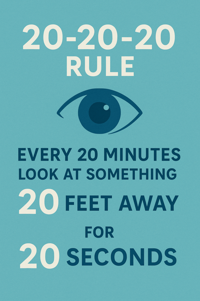 "20-20-20 rule infographic for eye health and digital eye strain prevention"
