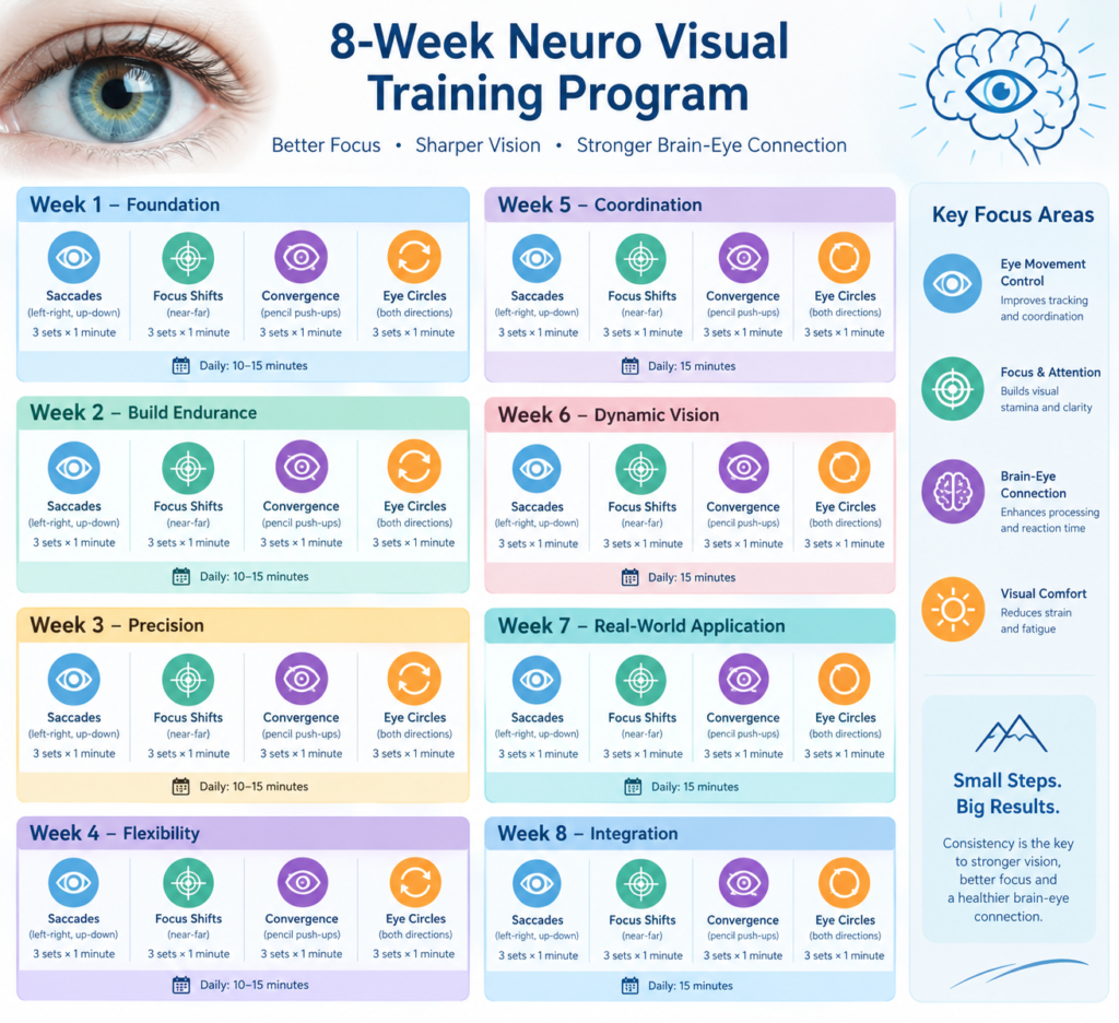 8-week neuro visual training program calendar infographic