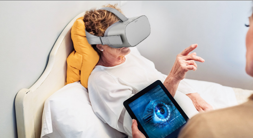 A patient using a virtual reality headset and tablet app for neuro visual training and vision therapy metrics.