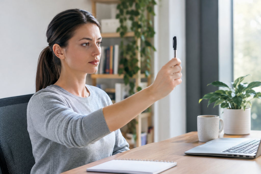 Person doing saccade and near-far focus eye exercises at desk