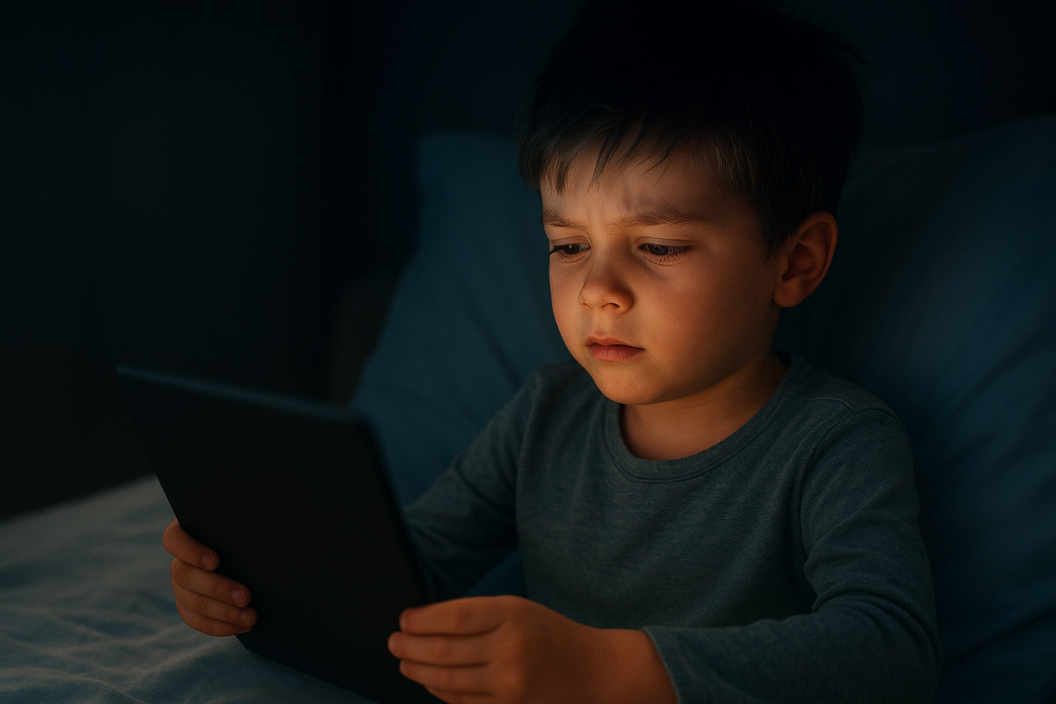 Child in bed at night using tablet, blue light disrupting sleep and eye health