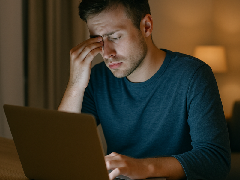 Person at desk rubbing eyes due to dry eyes from screen use
