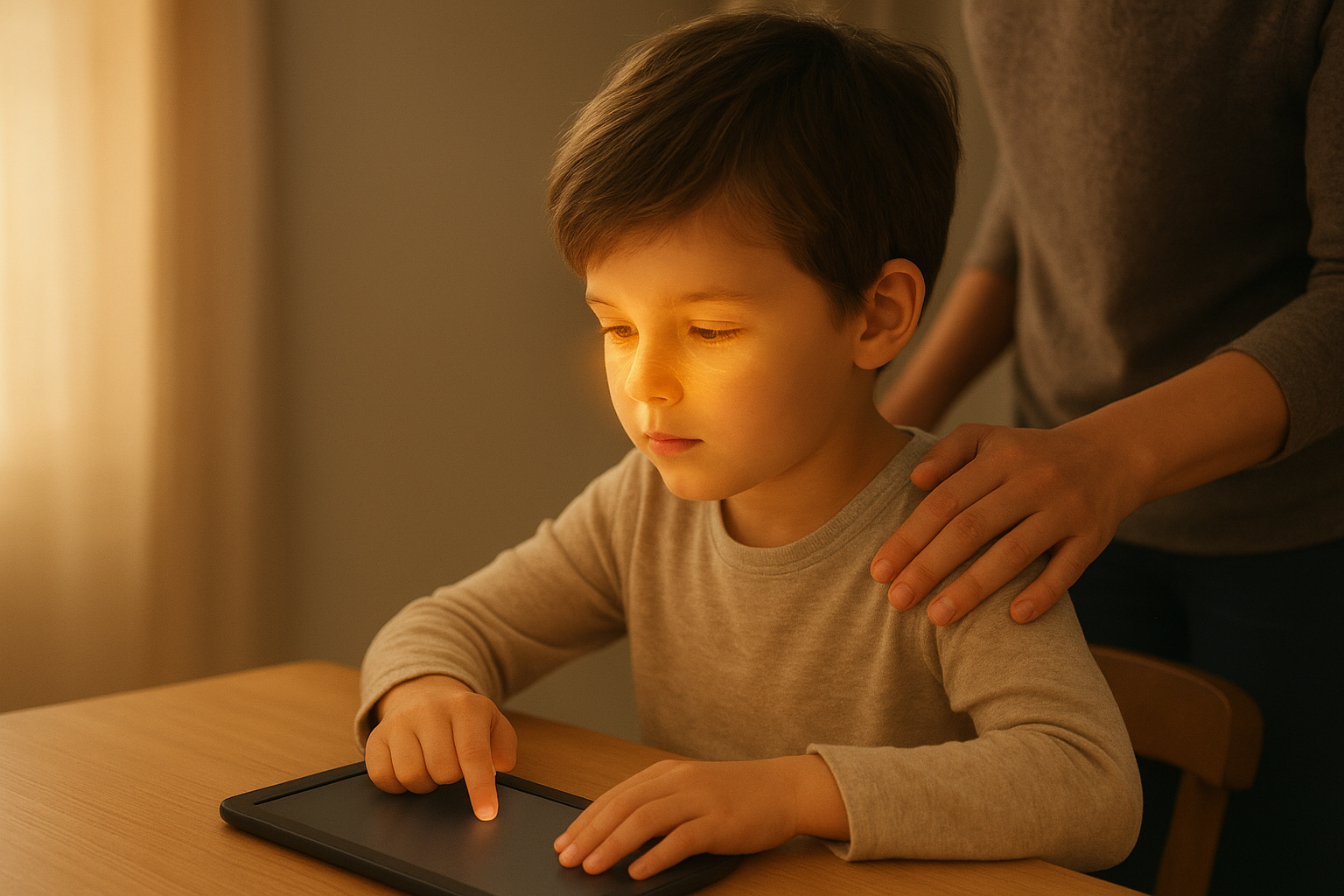 Child using tablet with parental guidance and soft light, eyes highlighted to show screen impact