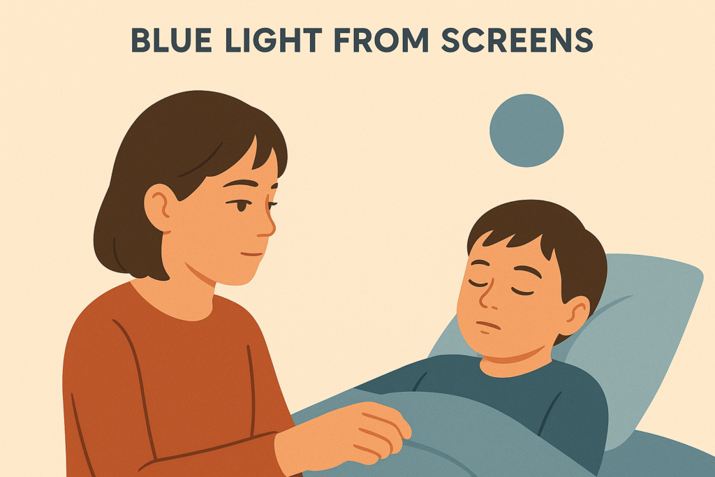 Infographic showing screen blue light disrupting melatonin and sleep in kids