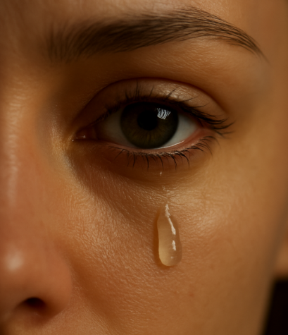 A close-up of an eye with a single tear rolling down the cheek, soft light reflection for emotional effect.