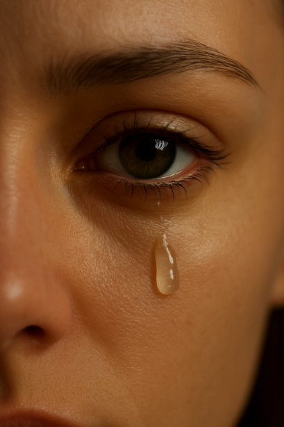 A close-up of an eye with a single tear rolling down the cheek, soft light reflection for emotional effect.