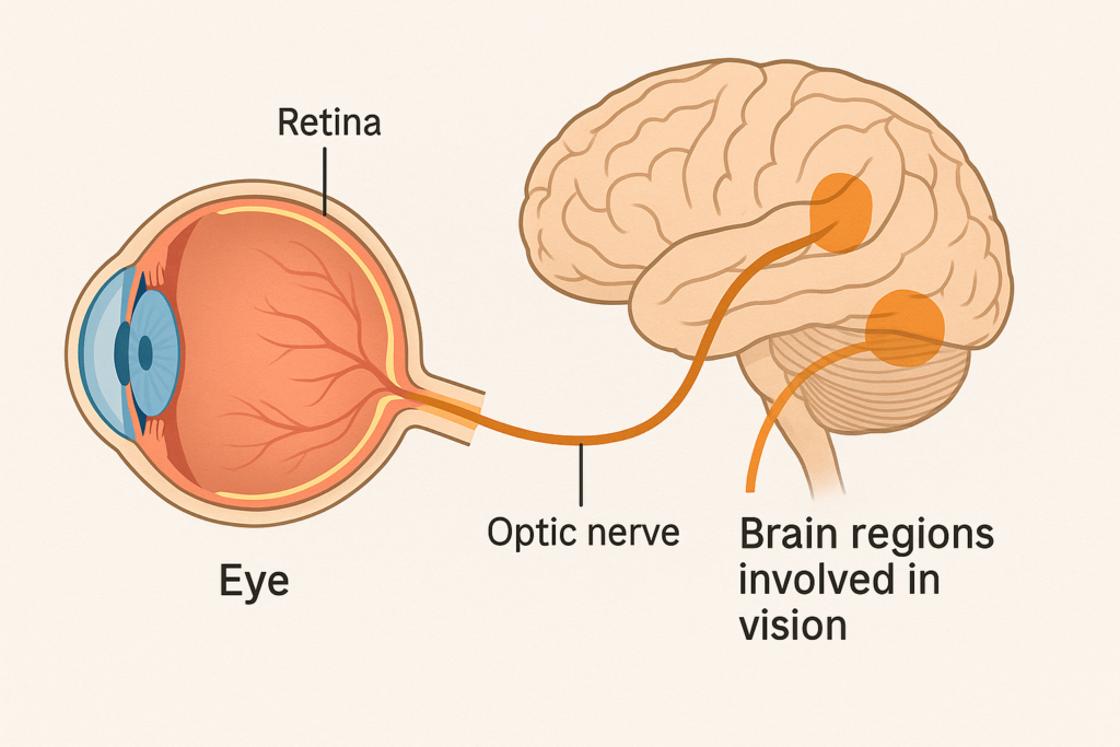 Diagram showing anatomical connection between eye (retina, optic nerve) and brain regions involved in vision