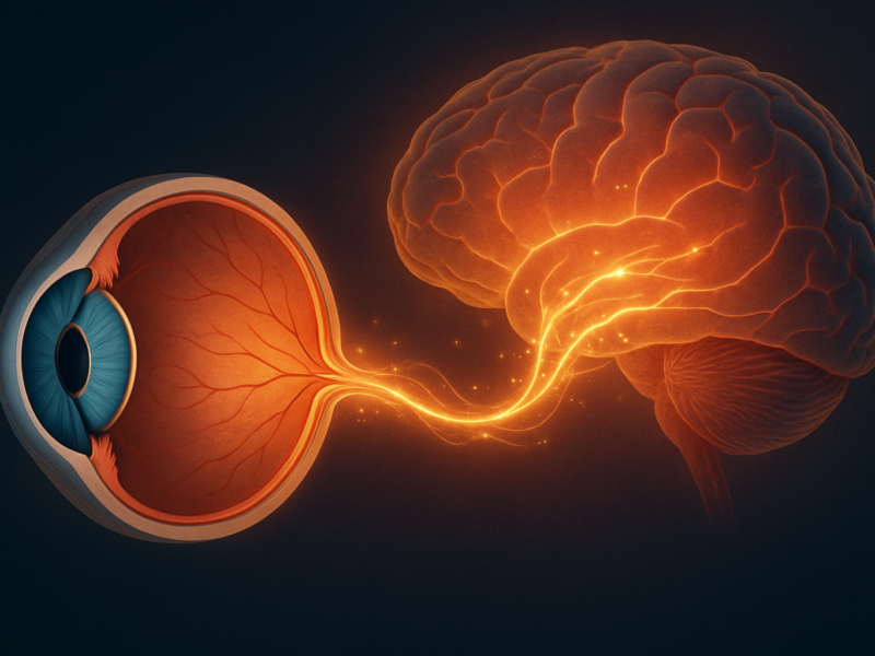 Digital illustration showing the eye connected to the brain with glowing neural pathways, symbolizing the link between vision and neurological health