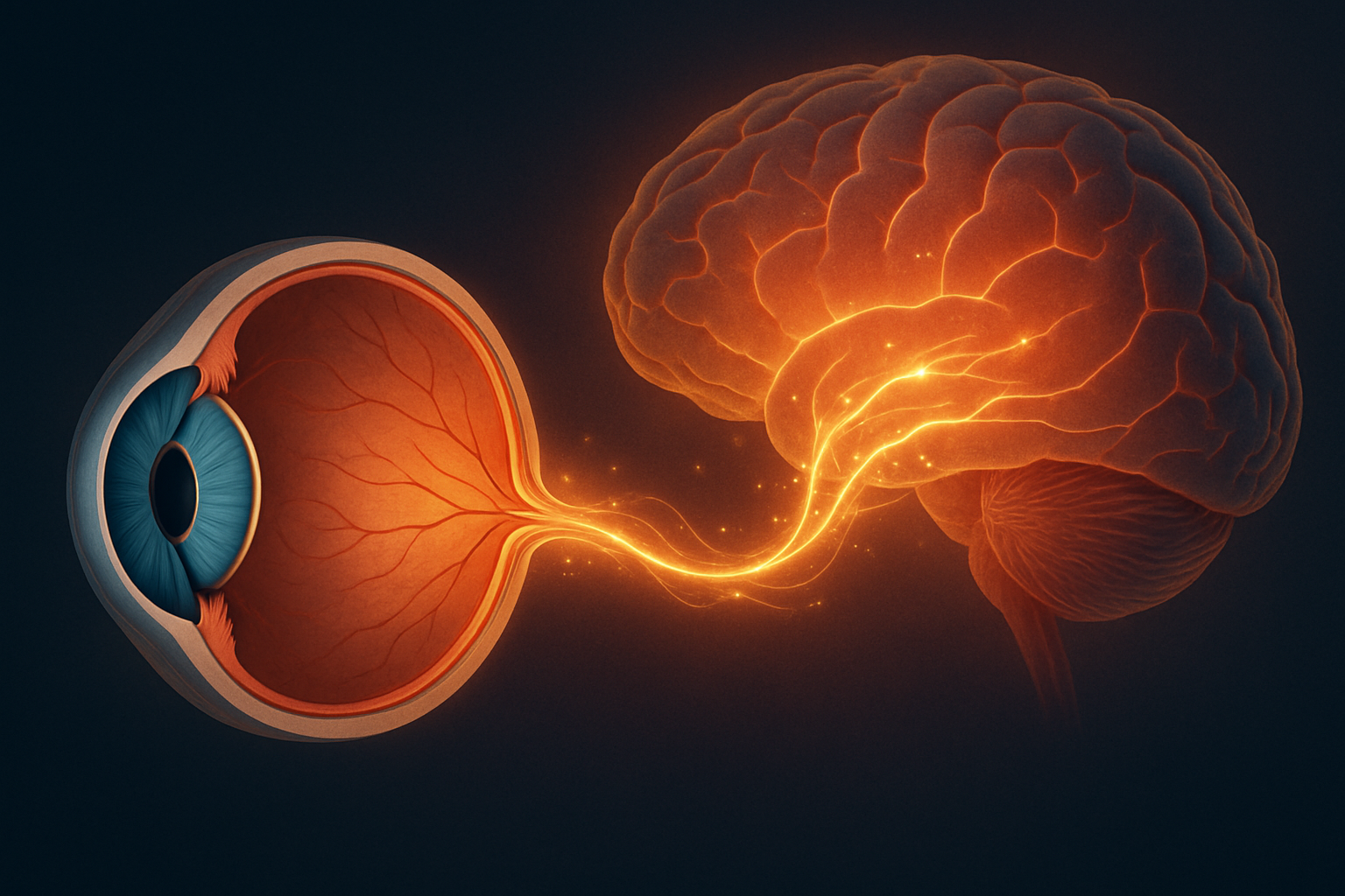 Digital illustration showing the eye connected to the brain with glowing neural pathways, symbolizing the link between vision and neurological health