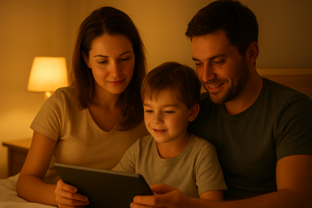 Family bedtime reading without screens to protect kids’ sleep and eyes