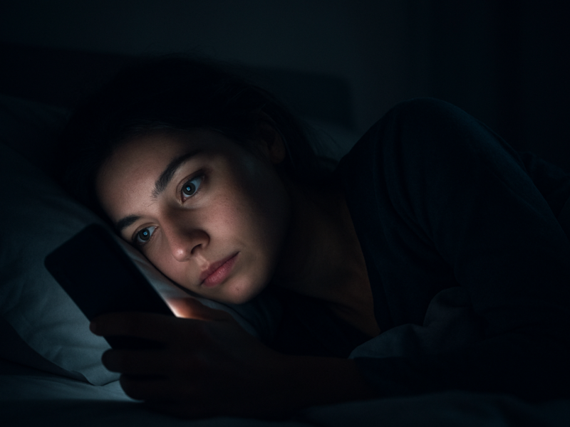 "Young woman lying in bed at night with smartphone screen glow reflecting in her eyes, illustrating effects of smartphone use on vision"