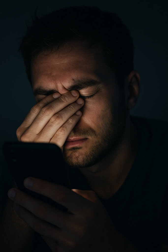 Close-up of a tired man rubbing his eyes after hours of smartphone use