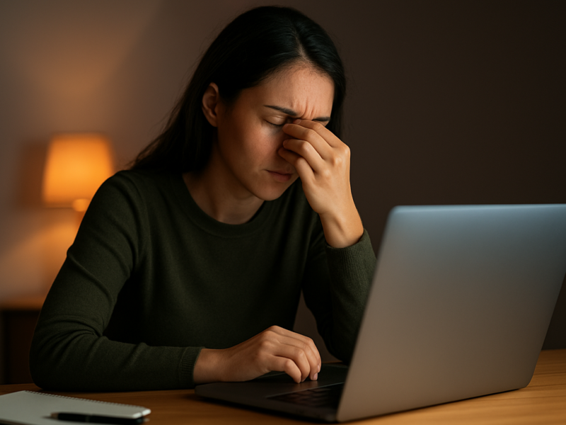 Stressed woman rubbing her eyes while working on laptop at night