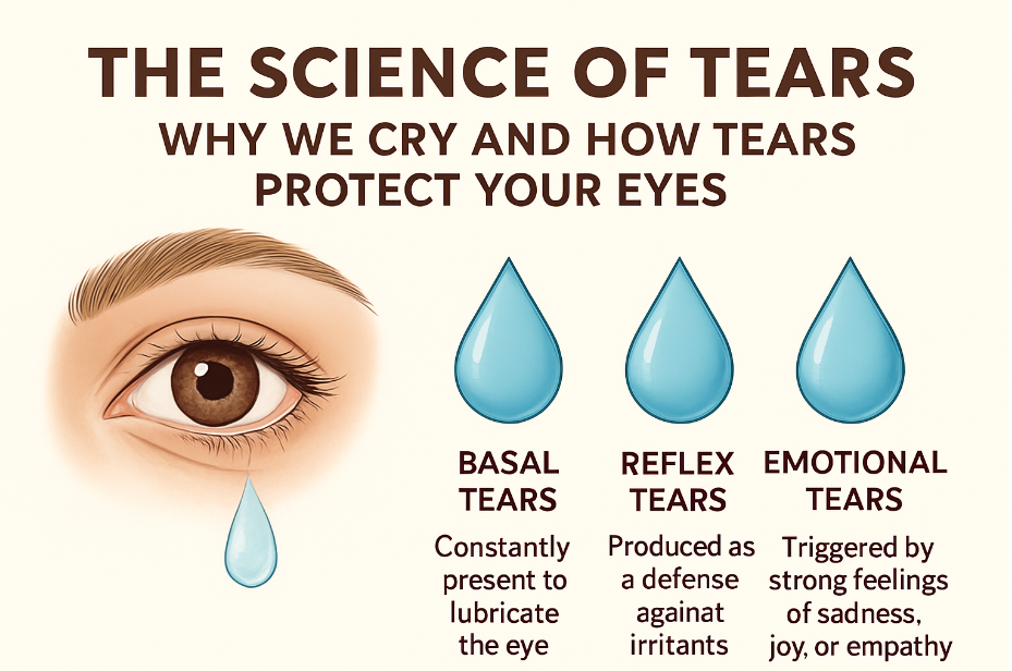 Medical illustration showing three types of tears: basal, reflex, emotional, with short descriptions.