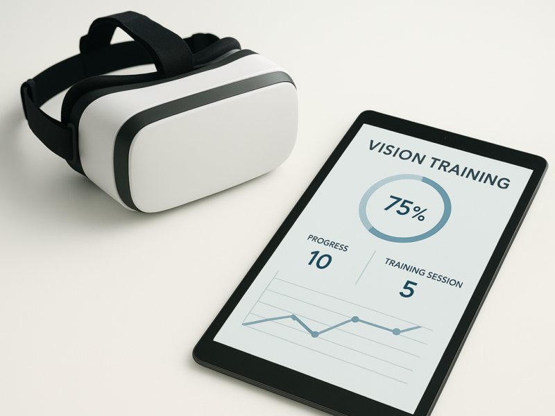 "Vision training VR headset and tablet app showing performance metrics"