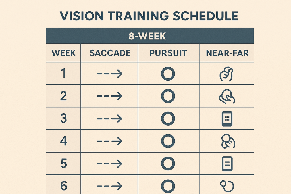 8-week neuro-visual training program calendar infographic