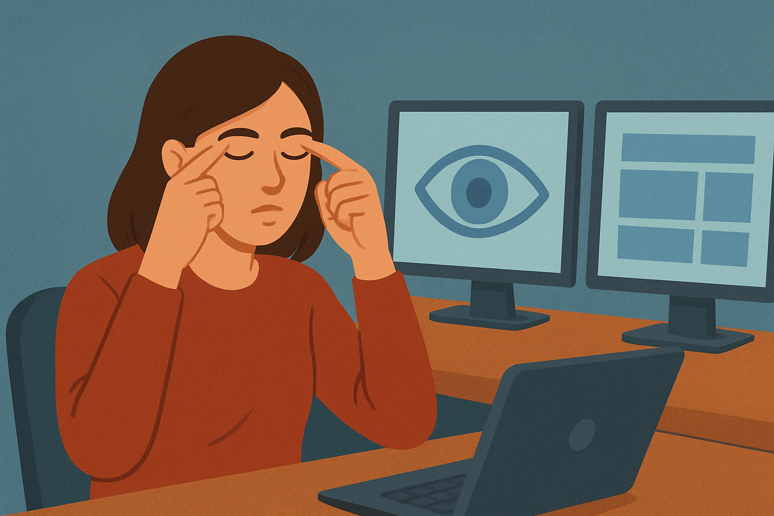 Person practicing eye exercises to reduce digital eye strain while working on a computer