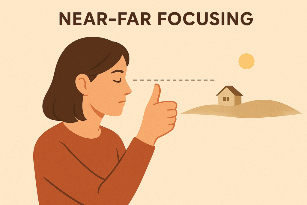 Near-far focusing exercise to train eye muscles and reduce digital strain