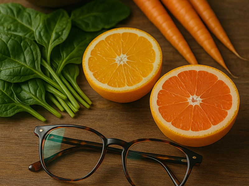 Colorful antioxidant-rich foods like blueberries, carrots, and spinach supporting eye health naturally