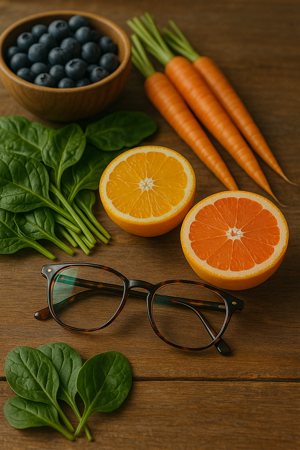 Colorful antioxidant-rich foods like blueberries, carrots, and spinach supporting eye health naturally