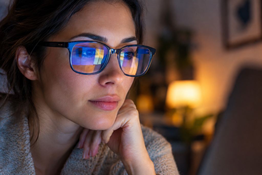 Close-up of a person wearing blue-light glasses while working at night, showing lens reflection and warm screen tone.