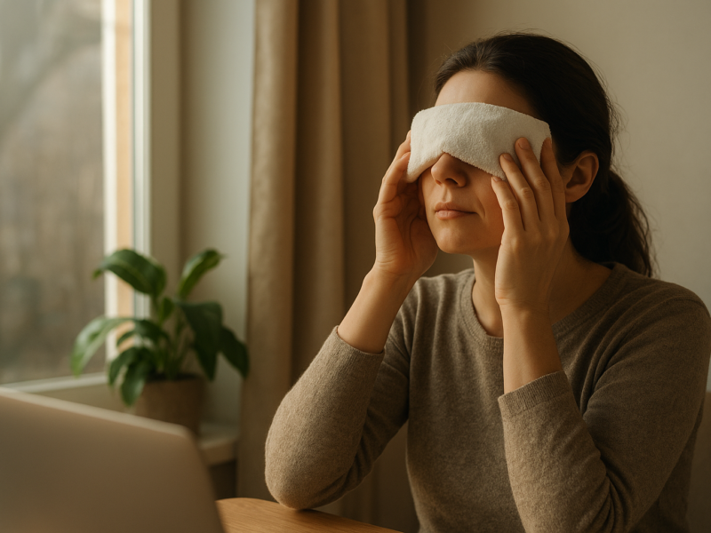 A person relaxing with a warm eye compress in natural daylight — a proven home remedy for relieving eye fatigue