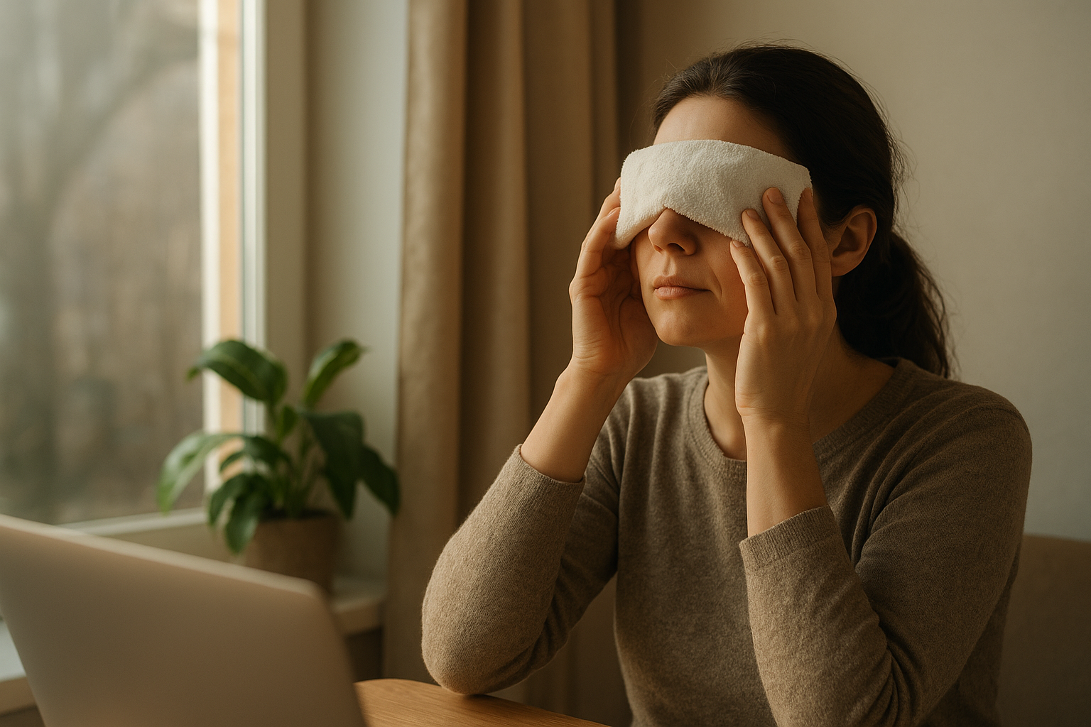 A person relaxing with a warm eye compress in natural daylight — a proven home remedy for relieving eye fatigue