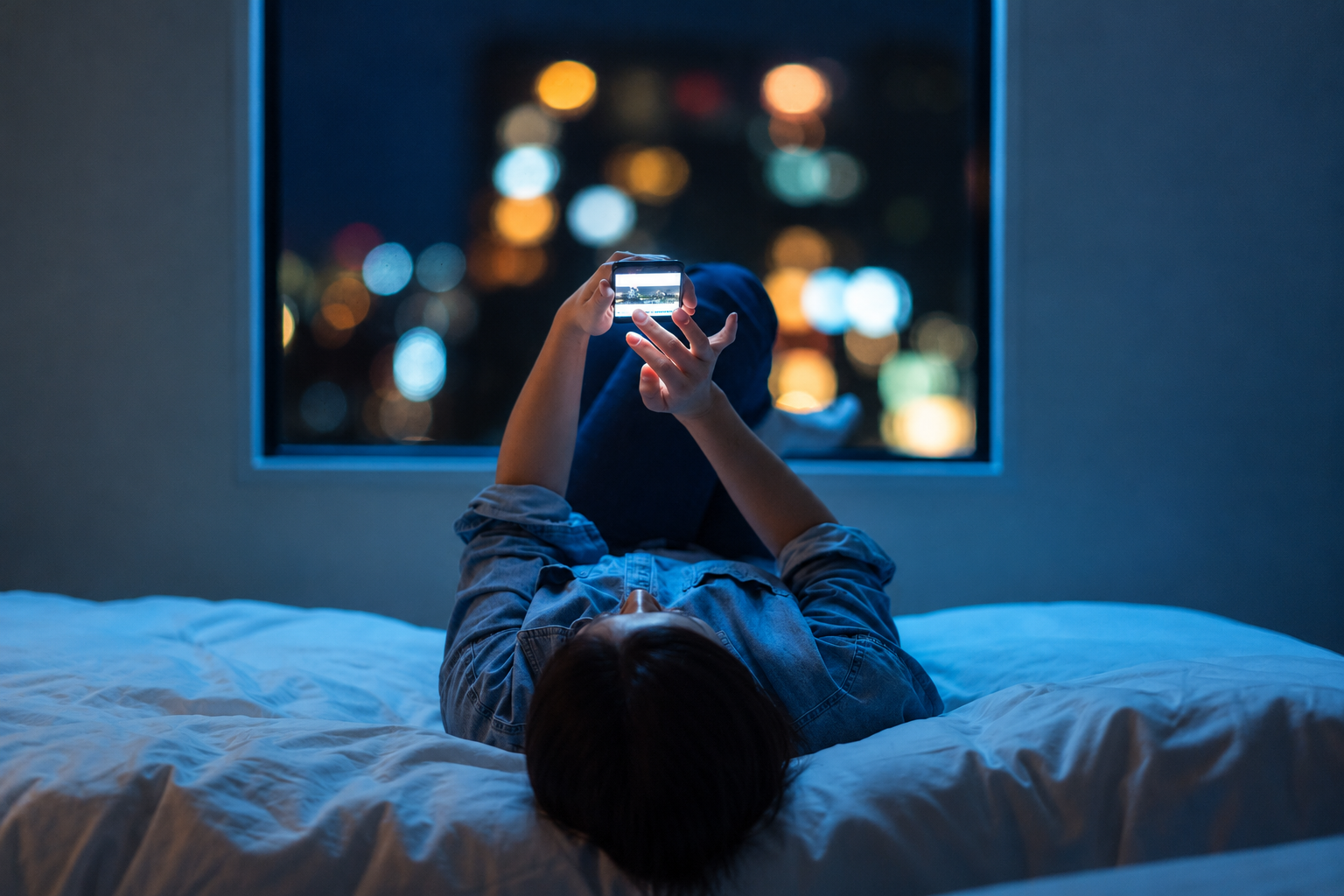 A person using a smartphone in bed at night, blue light glowing on their face, illustrating sleep disruption.