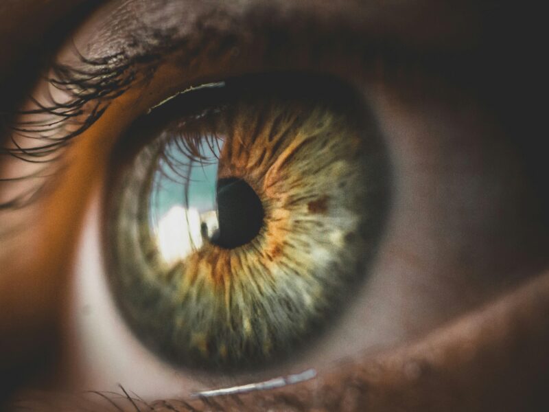 Macro close-up of an eye mid-blink, showing reflection of a computer screen and natural tear film