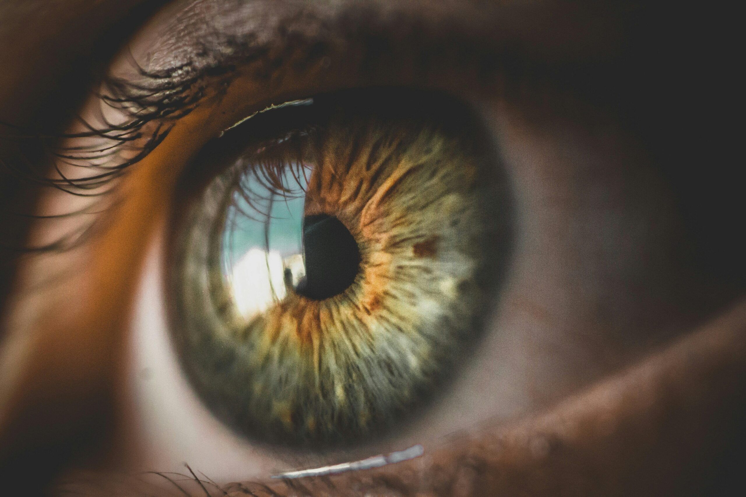 Macro close-up of an eye mid-blink, showing reflection of a computer screen and natural tear film