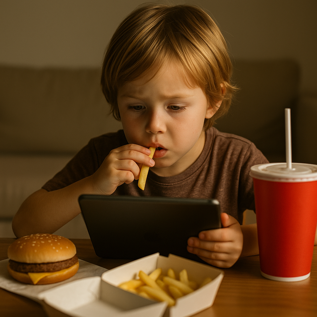 Child using tablet while eating unhealthy food, showing poor nutrition habits linked to eye problems