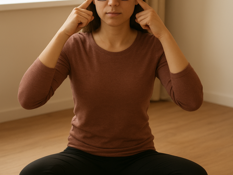 Woman practicing eye yoga exercises to reduce eye strain