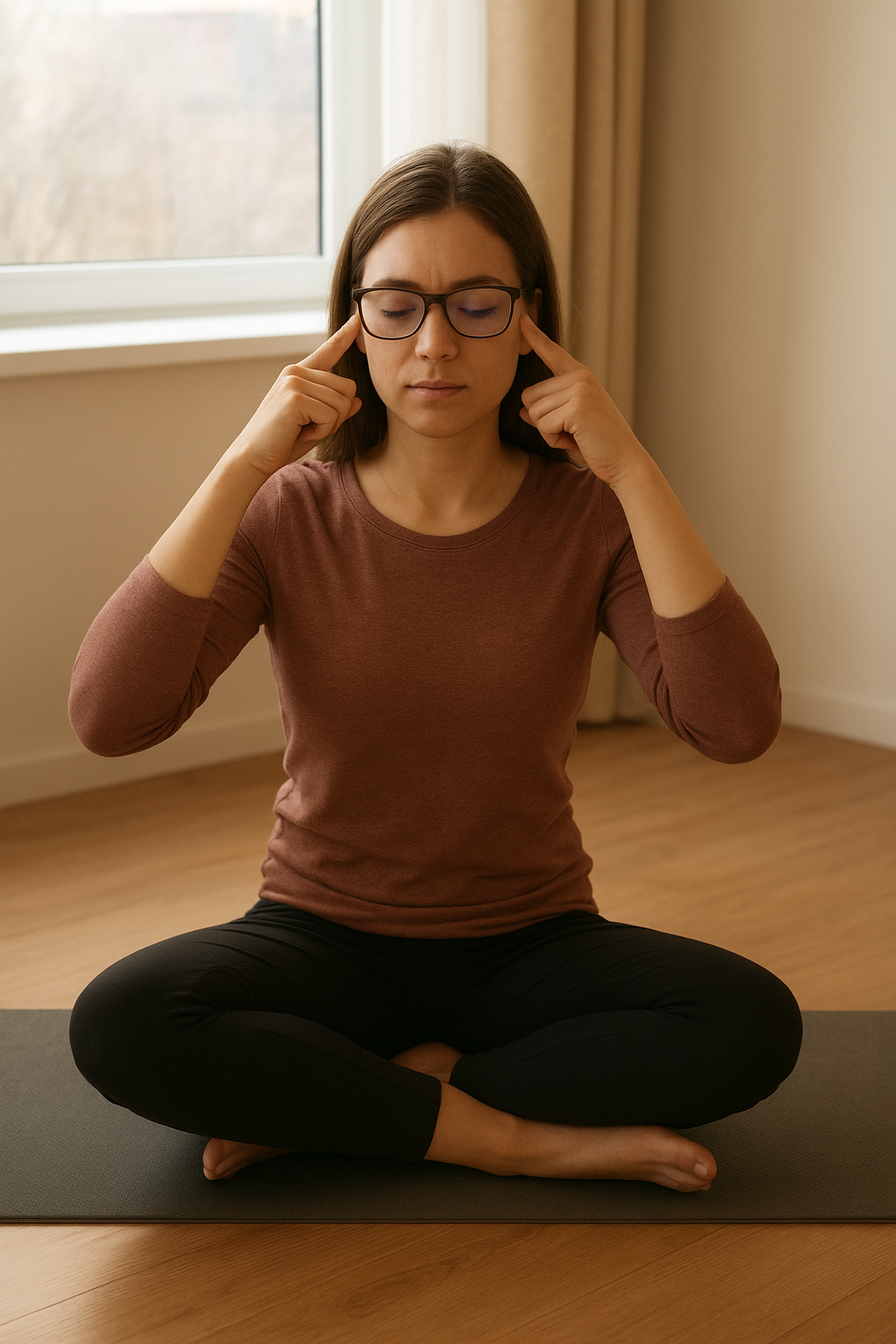 Woman practicing eye yoga exercises to reduce eye strain