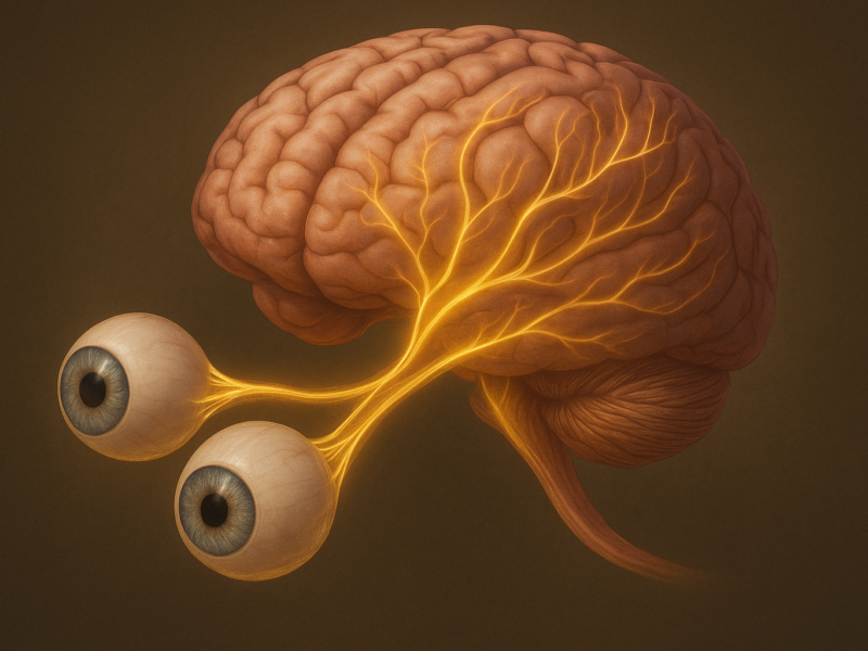 Medical visualization of the connection between the eyes and brain via the optic nerve, representing the visual-neural system.