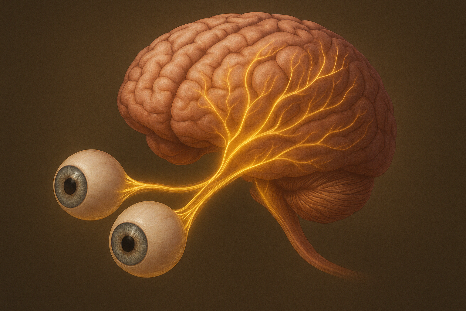 Medical visualization of the connection between the eyes and brain via the optic nerve, representing the visual-neural system.