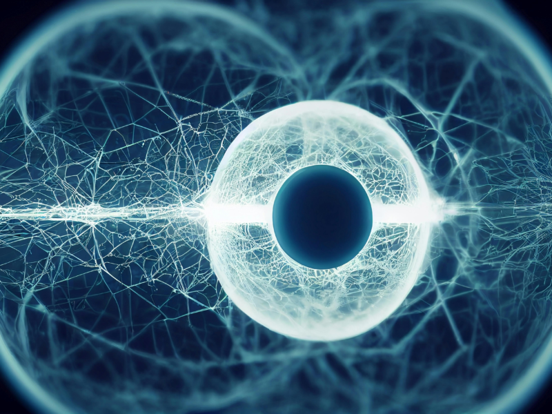 Futuristic digital eye surrounded by holographic interface and data lines, symbolizing the future of digital eye health.
