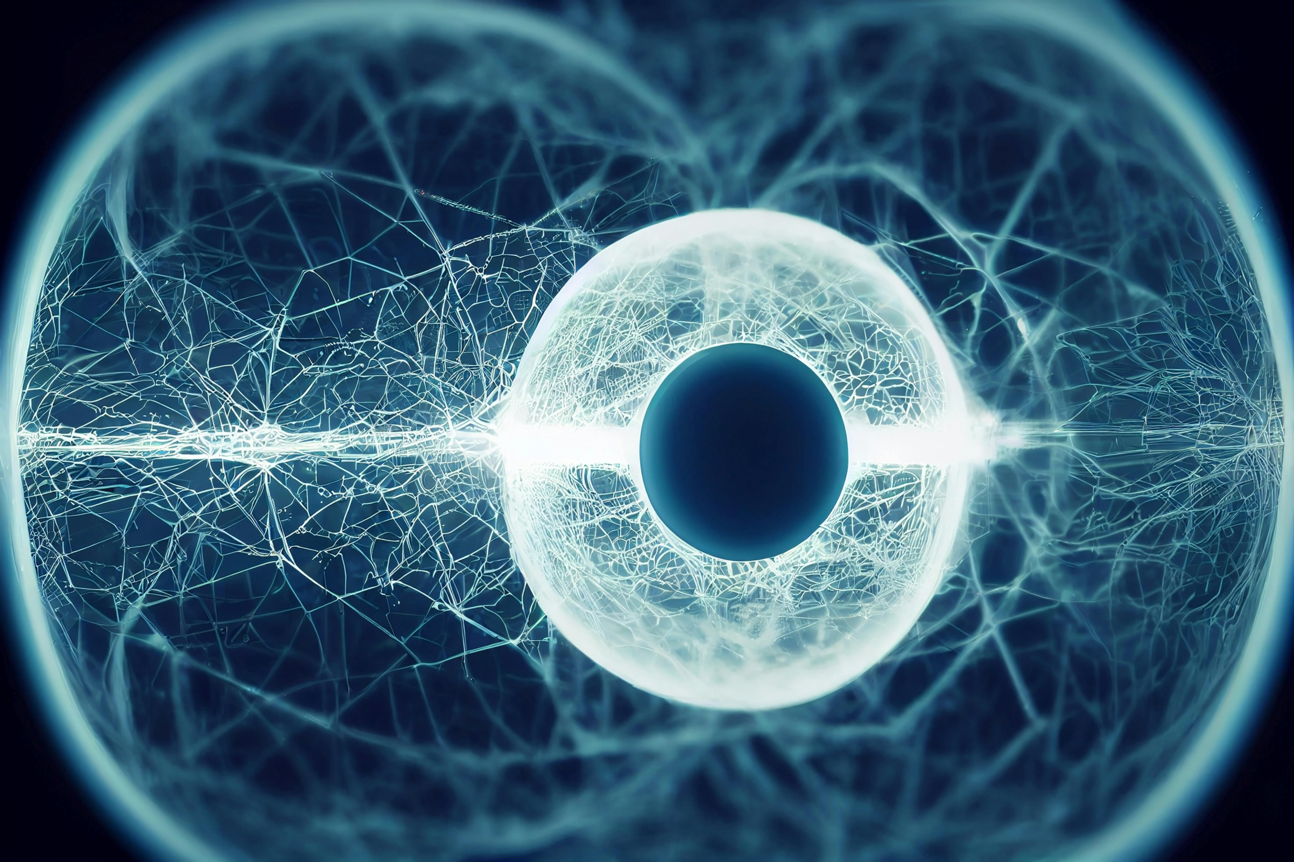 Futuristic digital eye surrounded by holographic interface and data lines, symbolizing the future of digital eye health.