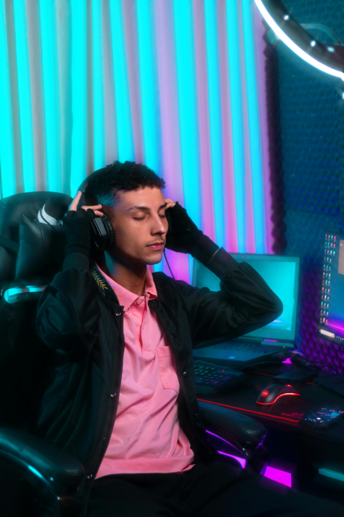 Gamer practicing mindful relaxation to reduce visual fatigue and improve focus