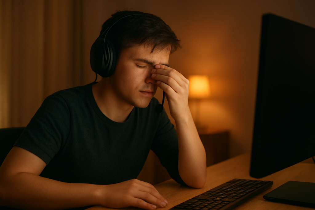Gamer rubbing eyes after a long session, showing signs of eye strain