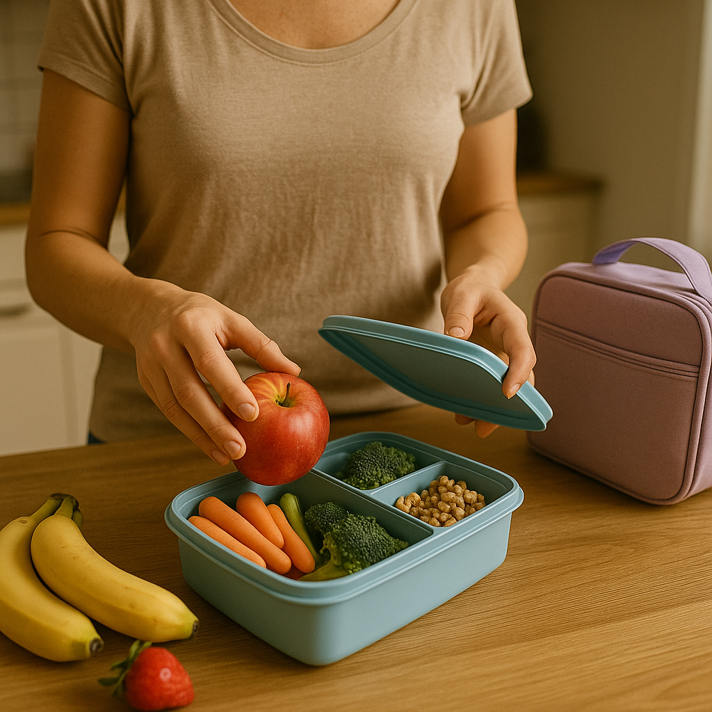 Healthy lunchbox filled with colorful vegetables and fruits to support children’s vision