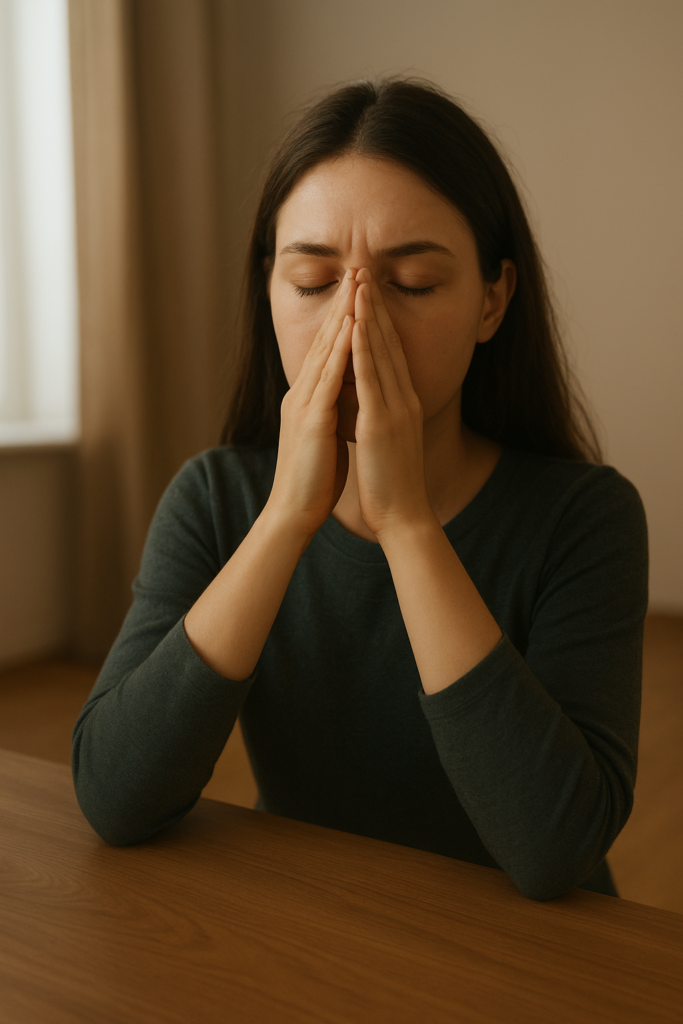 Person practicing eye yoga palming technique to relax eye muscles.