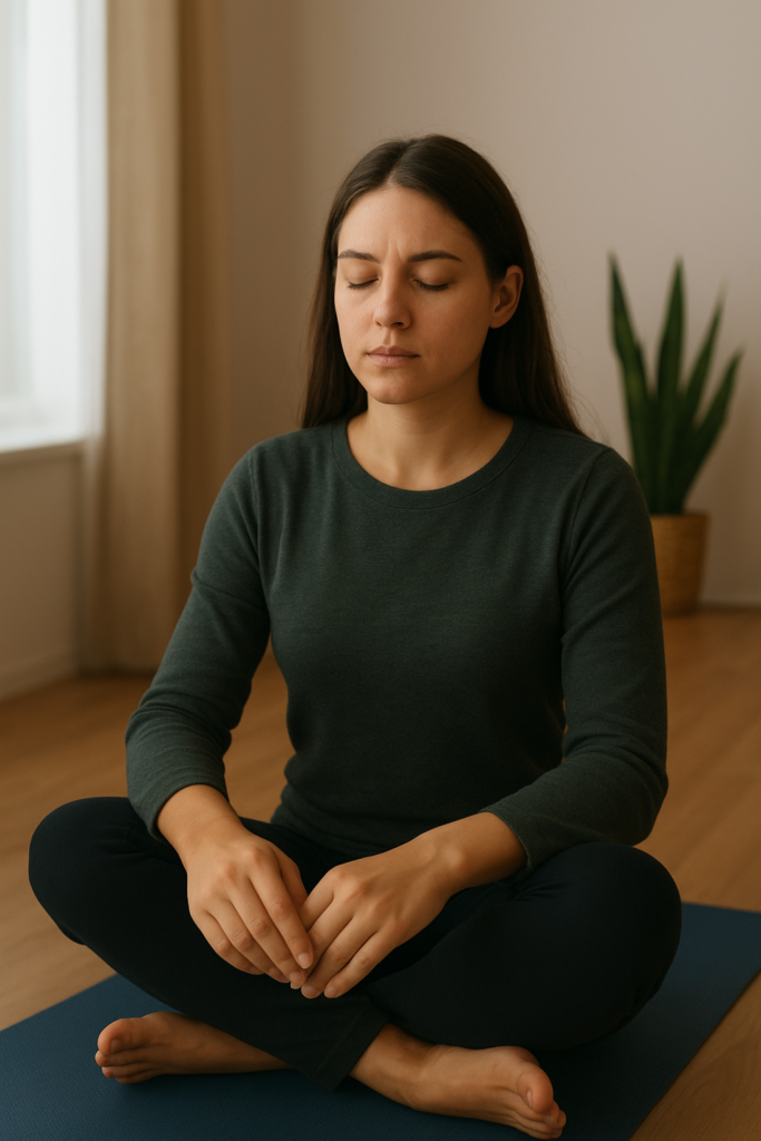 Person practicing eye yoga palming technique to relax eye muscles.