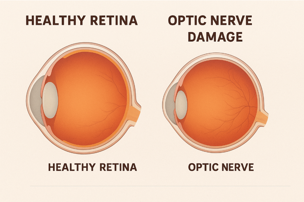 Educational illustration comparing a healthy retina and one with optic nerve damage, showing how brain-related diseases affect vision.